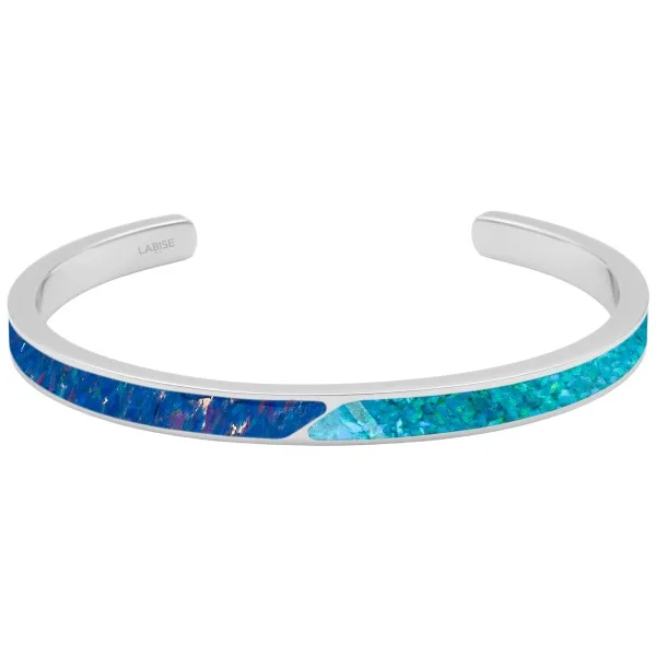 Jonc acier PVD doré - imitation opale bleue pacifique et nuit étoilée - largeur 5mm