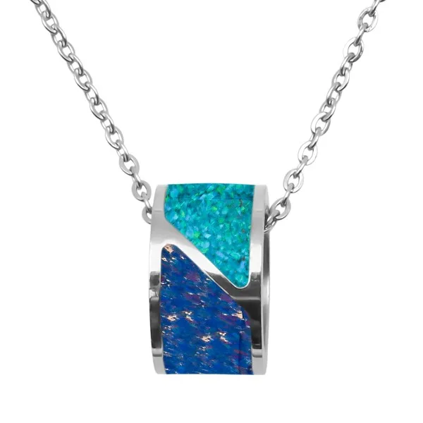 Collier acier PVD doré - imitation opale bleue pacifique et nuit étoilée - largeur 8mm - 40+5cm