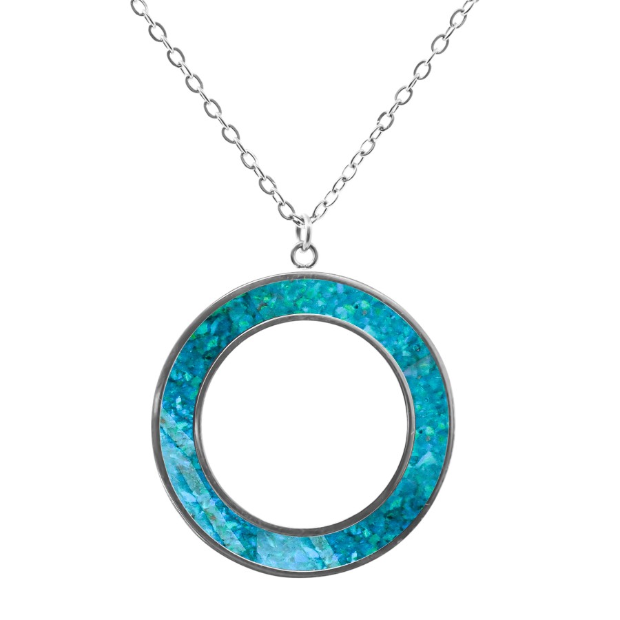 Collier acier PVD doré - imitation opale bleue pacifique - largeur 5mm - 45+5cm