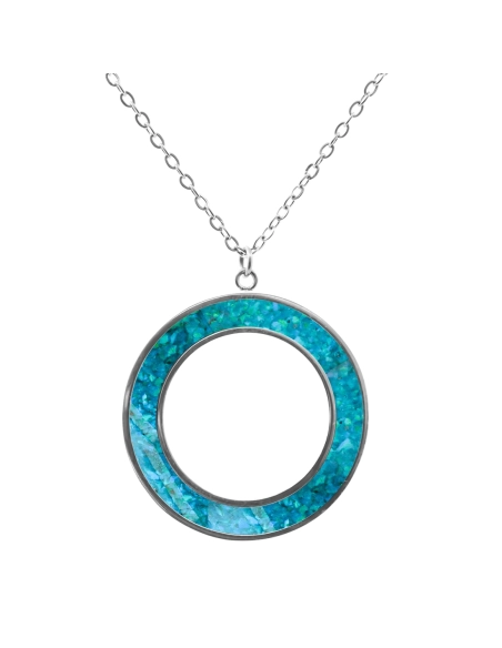 Collier acier PVD doré - imitation opale bleue pacifique - largeur 5mm - 45+5cm