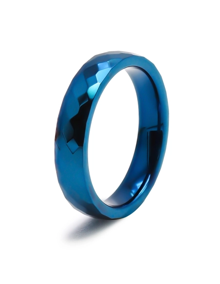 Bague tungstène - finition facettée bleu - largeur 4mm - Toltek