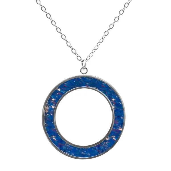 Collier acier PVD doré -imitation opale bleue nuit étoilée - largeur 5mm - 45+5cm