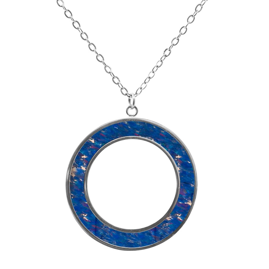Collier acier PVD doré -imitation opale bleue nuit étoilée - largeur 5mm - 45+5cm