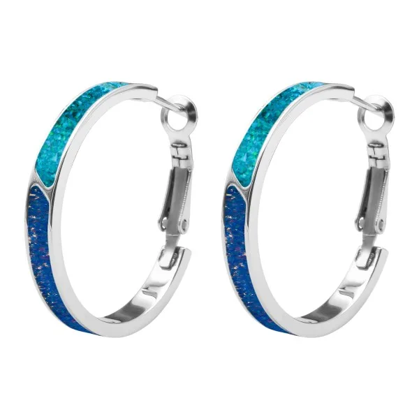 Boucles d'oreille acier PVD doré - imitation opale bleue pacifique et nuit étoilée - largeur 4mm - diamètre. 30mm