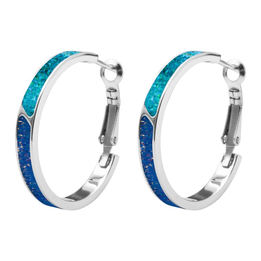 Boucles d'oreille acier PVD doré - imitation opale bleue pacifique et nuit étoilée - largeur 4mm - diamètre. 30mm