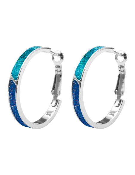 Boucles d'oreille acier PVD doré - imitation opale bleue pacifique et nuit étoilée - largeur 4mm - diamètre. 30mm