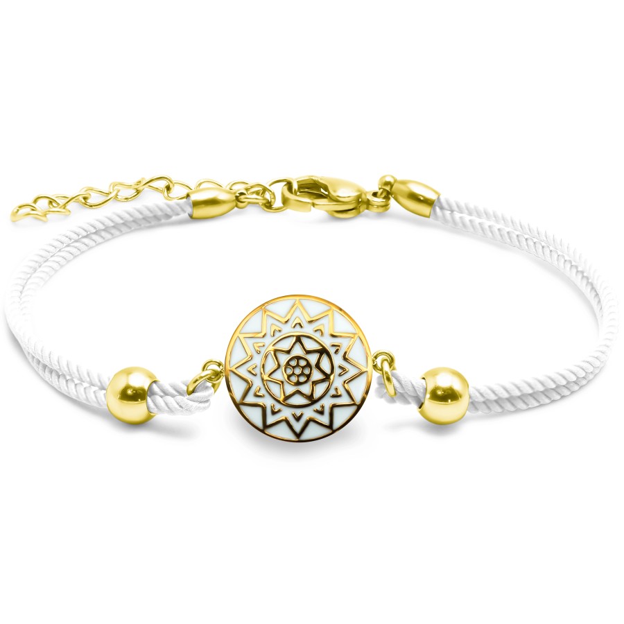 Bracelet acier PVD doré - coton blanc - email - 15+5cm
