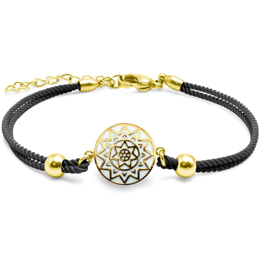 Bracelet acier PVD doré - coton noir - email - 15+5cm