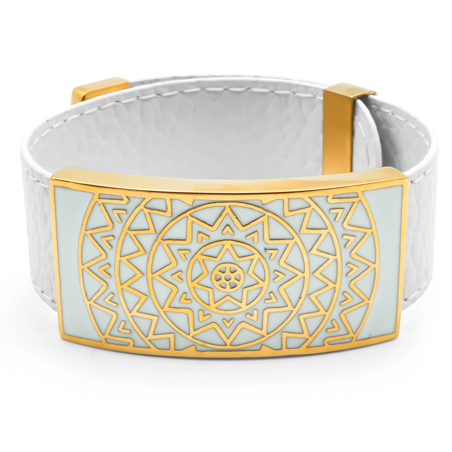 Bracelet acier PVD doré - cuir blanc - email - largeur 2cm - réglable