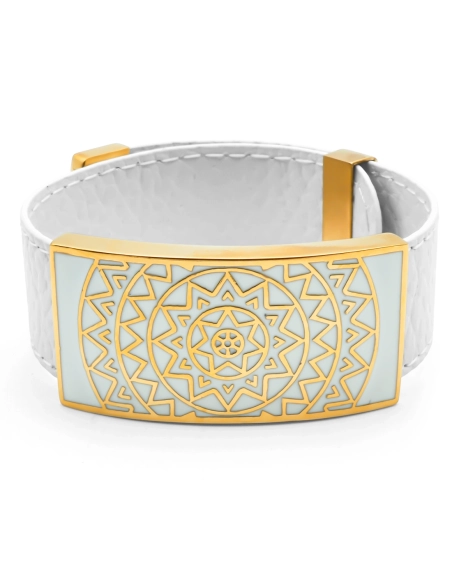 Bracelet acier PVD doré - cuir blanc - email - largeur 2cm - réglable