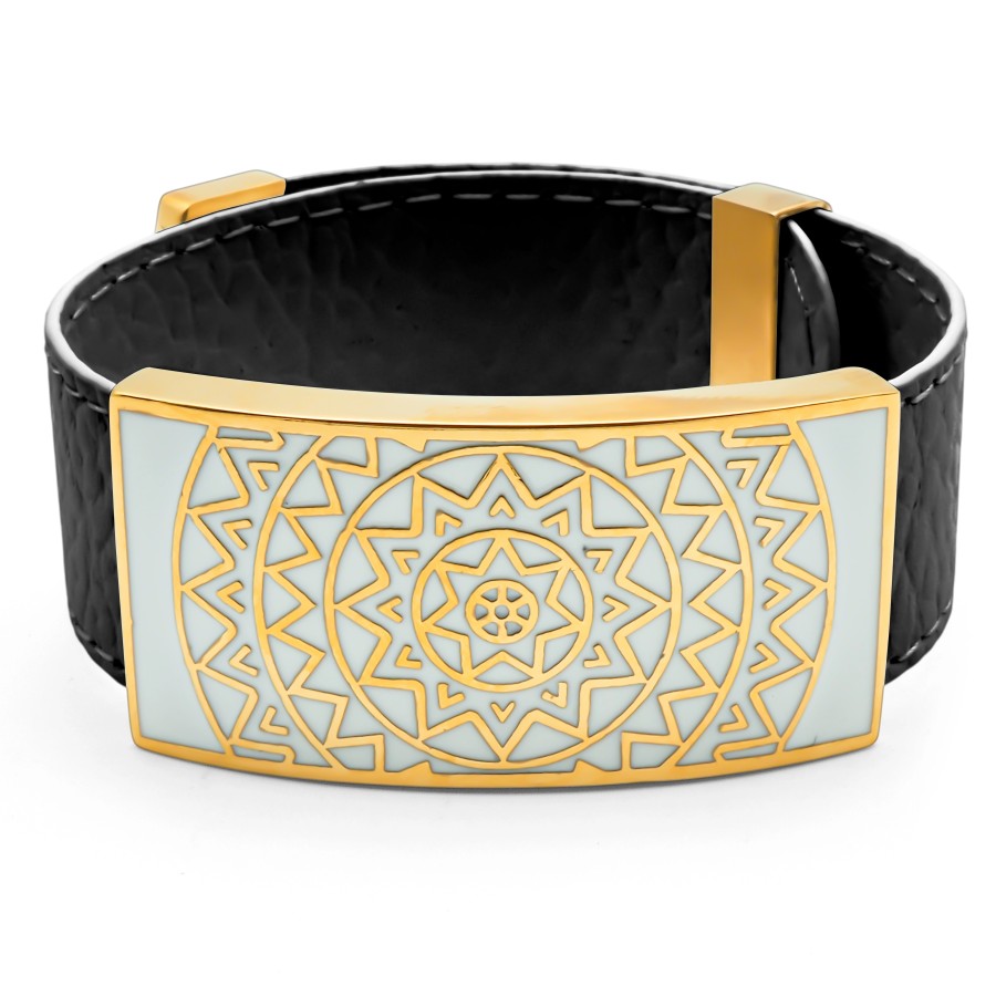 Bracelet acier PVD doré - cuir noir - email - largeur 2cm - réglable