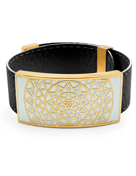 Bracelet acier PVD doré - cuir noir - email - largeur 2cm - réglable