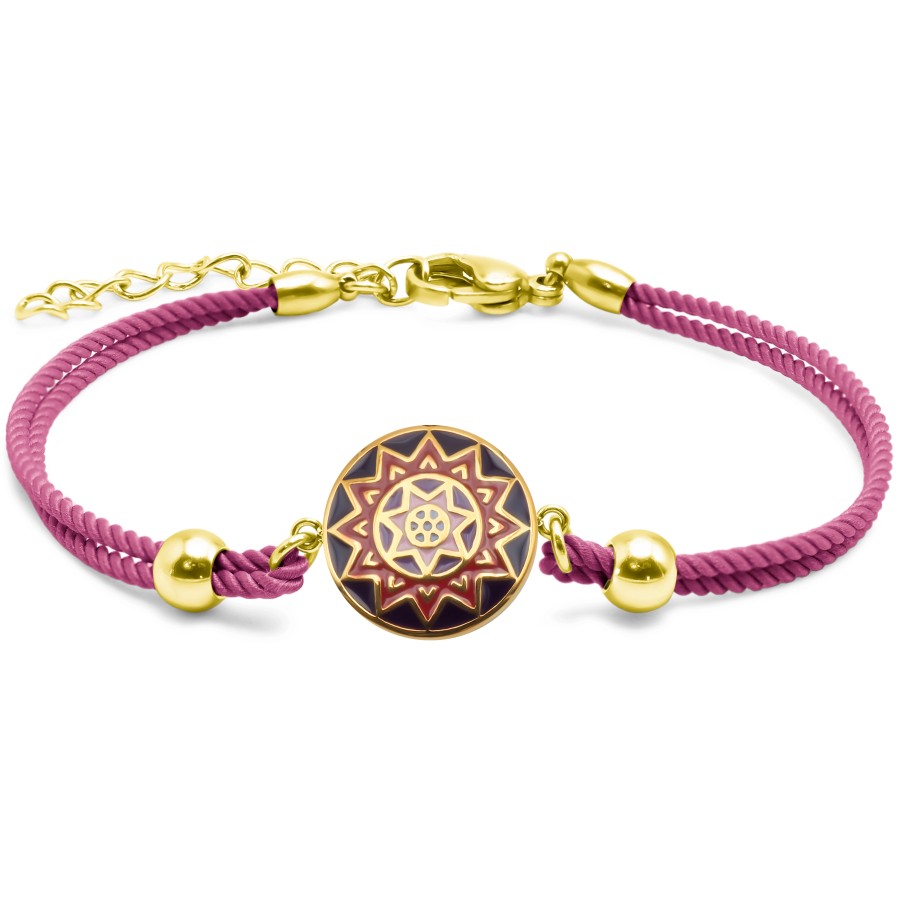 Bracelet acier PVD doré - coton fushia - email - 15+5cm