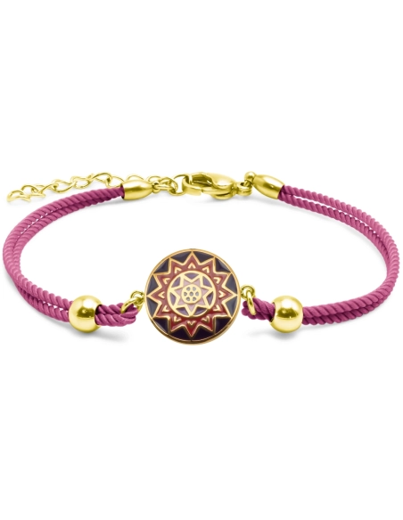 Bracelet acier PVD doré - coton fushia - email - 15+5cm