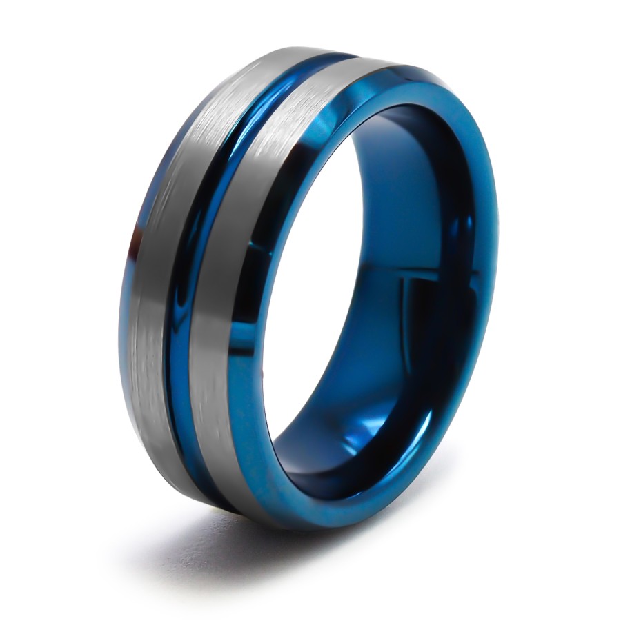 Bague tungstène - 2 tons - bleus et acier - largeur 8mm - Toltek
