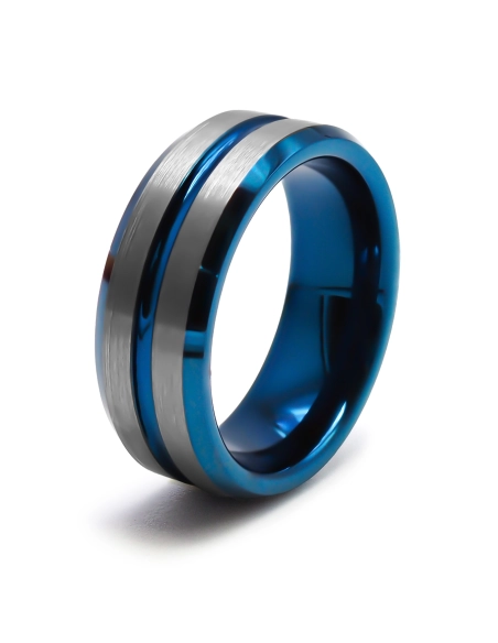 Bague tungstène - 2 tons - bleus et acier - largeur 8mm - Toltek