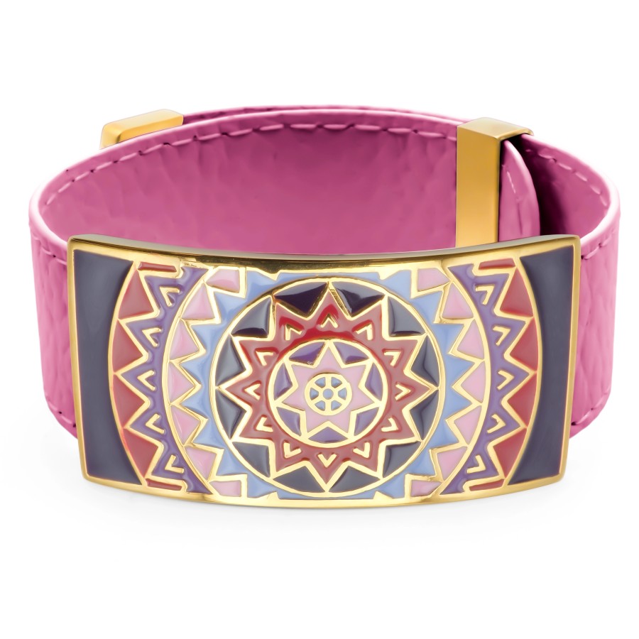 Bracelet acier PVD doré - cuir fushia - email - largeur 2cm - réglable