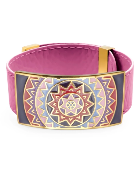 Bracelet acier PVD doré - cuir fushia - email - largeur 2cm - réglable
