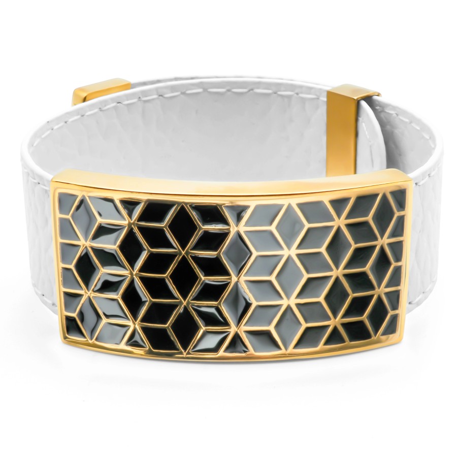 Bracelet acier PVD doré - cuir blanc - email - largeur 2cm - réglable