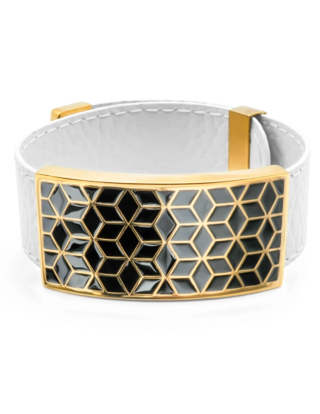 Bracelet acier PVD doré - cuir blanc - email - largeur 2cm - réglable