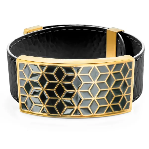 Bracelet acier PVD doré - cuir noir - email - largeur 2cm - réglable