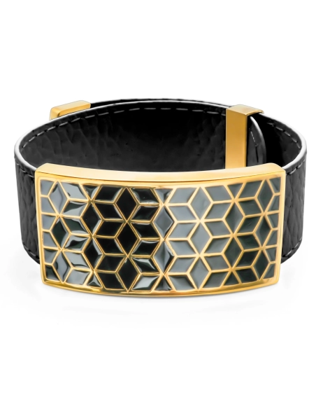 Bracelet acier PVD doré - cuir noir - email - largeur 2cm - réglable