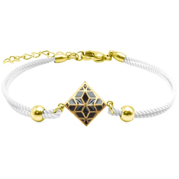 Bracelet acier PVD doré - coton blanc - email - 15+5cm