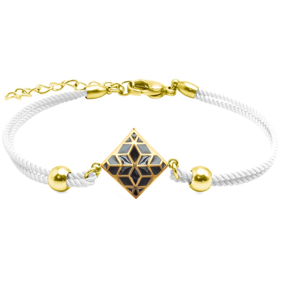 Bracelet acier PVD doré - coton blanc - email - 15+5cm