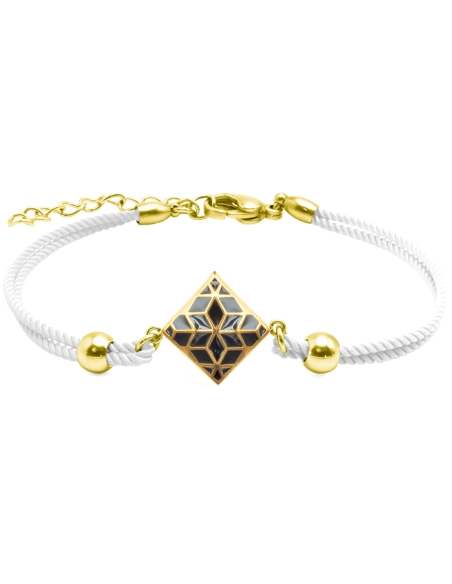 Bracelet acier PVD doré - coton blanc - email - 15+5cm
