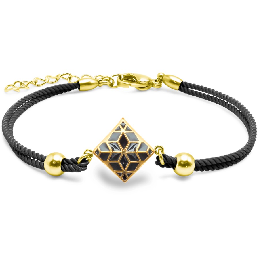 Bracelet acier PVD doré - coton noir - email - 15+5cm