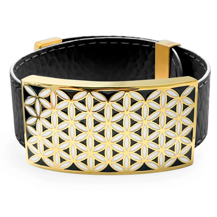 Bracelet acier PVD doré - cuir noir - email - largeur 2cm - réglable