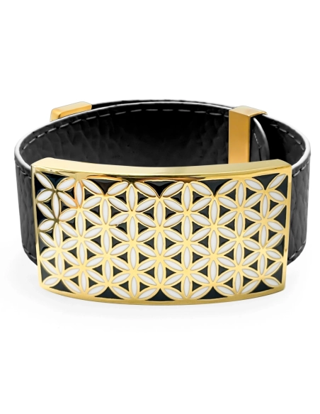 Bracelet acier PVD doré - cuir noir - email - largeur 2cm - réglable
