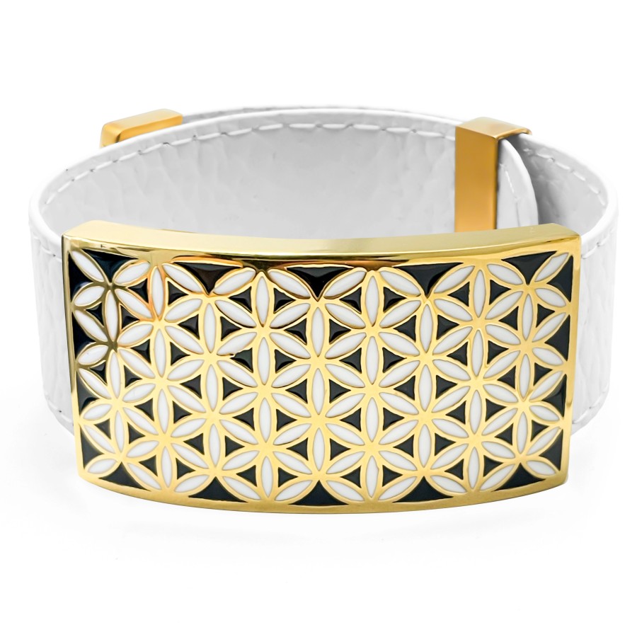 Bracelet acier PVD doré - cuir blanc - email - largeur 2cm - réglable