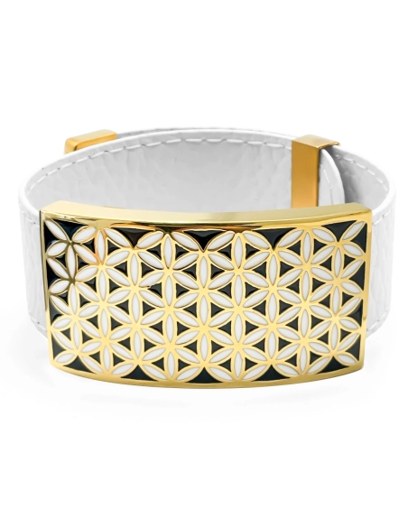 Bracelet acier PVD doré - cuir blanc - email - largeur 2cm - réglable