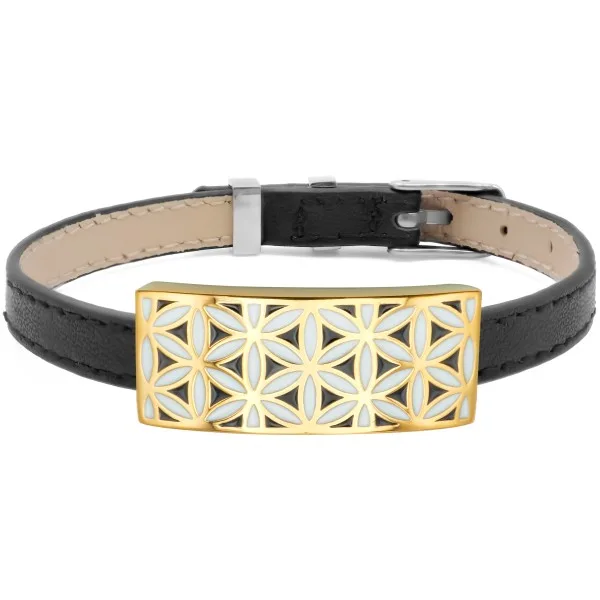 Bracelet acier PVD doré - émail - cuir noir - largeur 1cm - bracelet montre réglable - 18 à 23cm