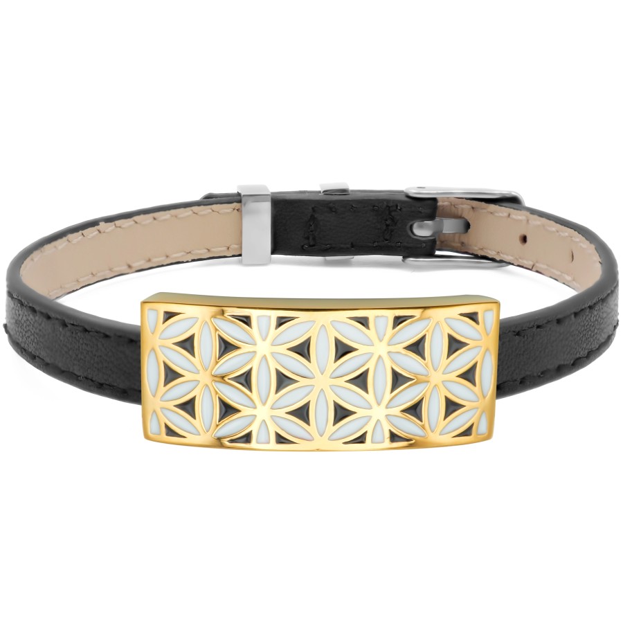 Bracelet acier PVD doré - émail - cuir noir - largeur 1cm - bracelet montre réglable - 18 à 23cm