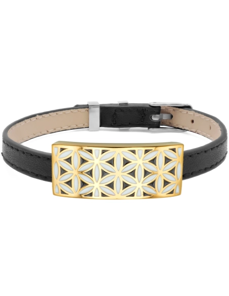 Bracelet acier PVD doré - émail - cuir noir - largeur 1cm - bracelet montre réglable - 18 à 23cm