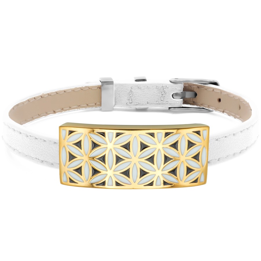Bracelet acier PVD doré - émail - cuir blanc - largeur 1cm - bracelet montre réglable - 18 à 23cm