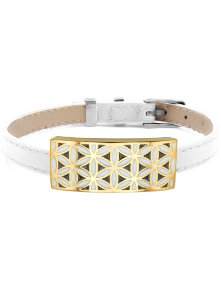 Bracelet acier PVD doré - émail - cuir blanc - largeur 1cm - bracelet montre réglable - 18 à 23cm