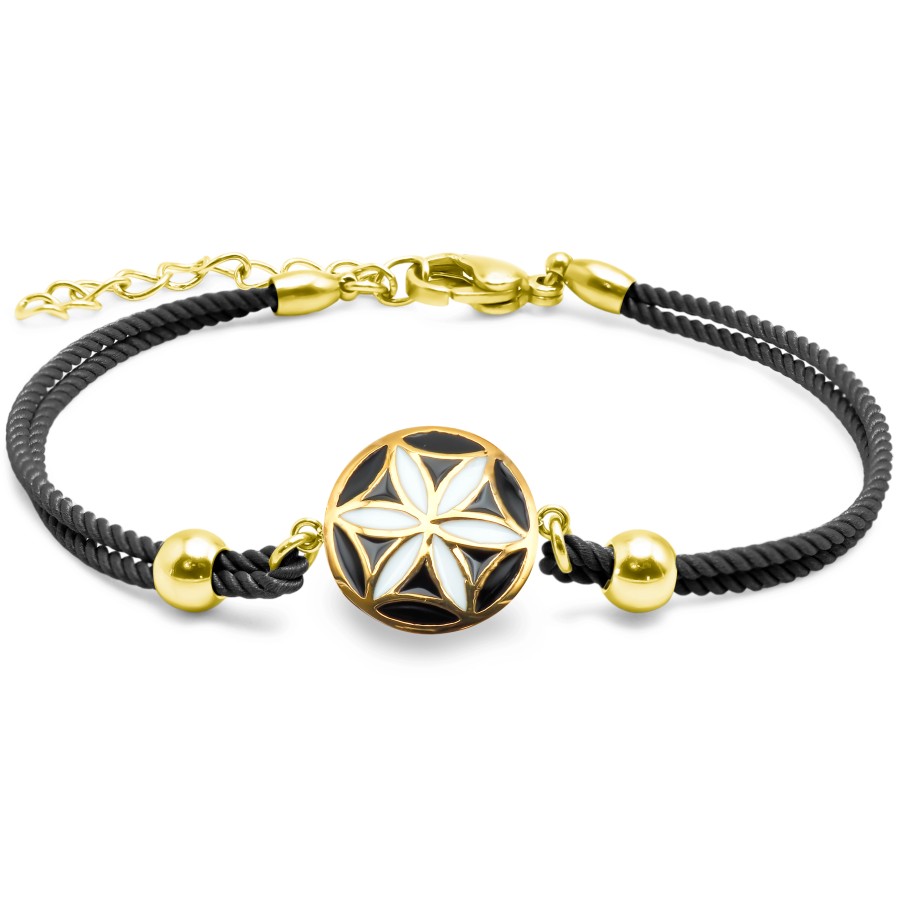 Bracelet acier PVD doré - coton noir - email - 15+5cm
