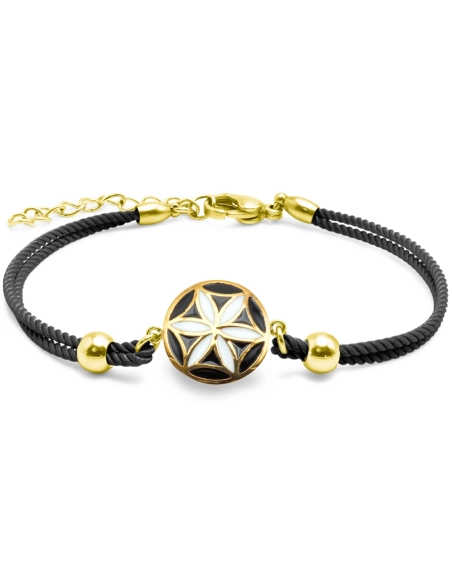 Bracelet acier PVD doré - coton noir - email - 15+5cm