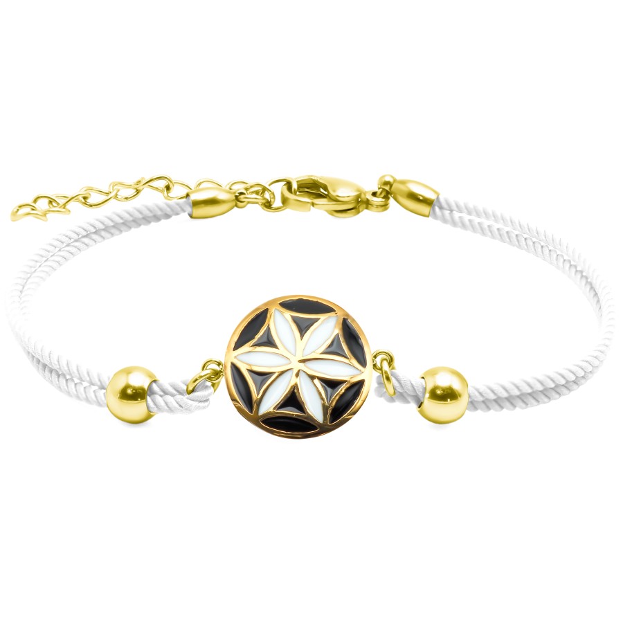 Bracelet acier PVD doré - coton blanc - email - 15+5cm