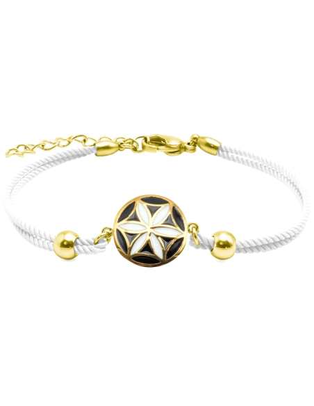Bracelet acier PVD doré - coton blanc - email - 15+5cm