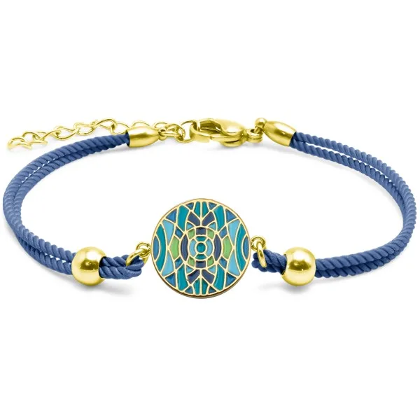 Bracelet acier PVD doré - coton bleu foncé - email - 15+5cm