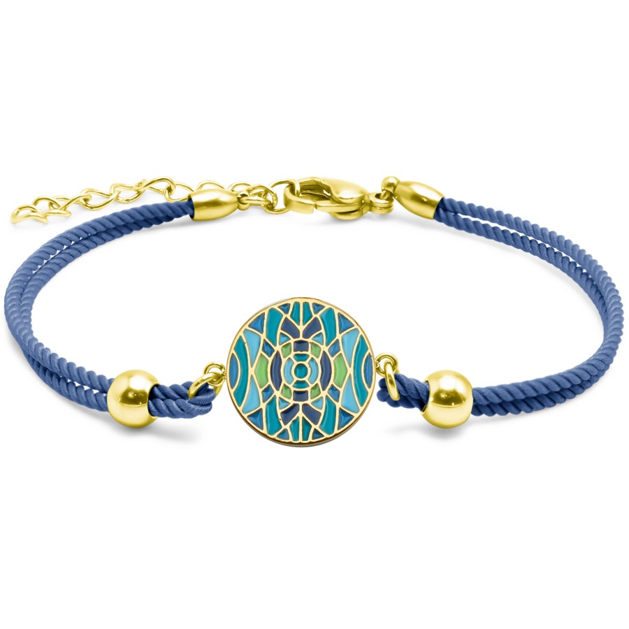 Bracelet acier PVD doré - coton bleu foncé - email - 15+5cm