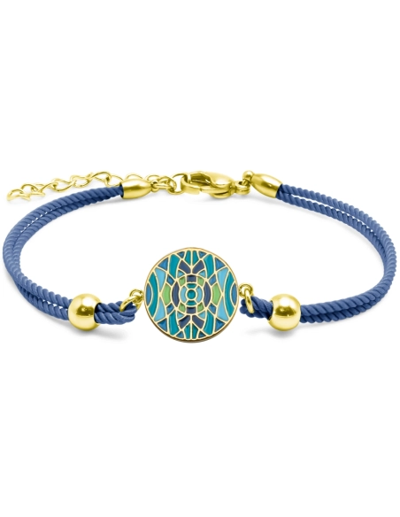 Bracelet acier PVD doré - coton bleu foncé - email - 15+5cm