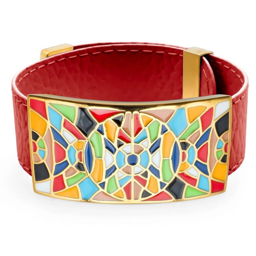 Bracelet acier PVD doré - cuir rouge - email - largeur 2cm - réglable