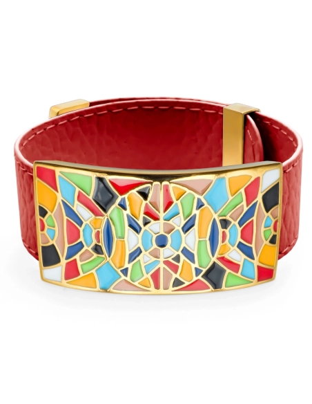 Bracelet acier PVD doré - cuir rouge - email - largeur 2cm - réglable