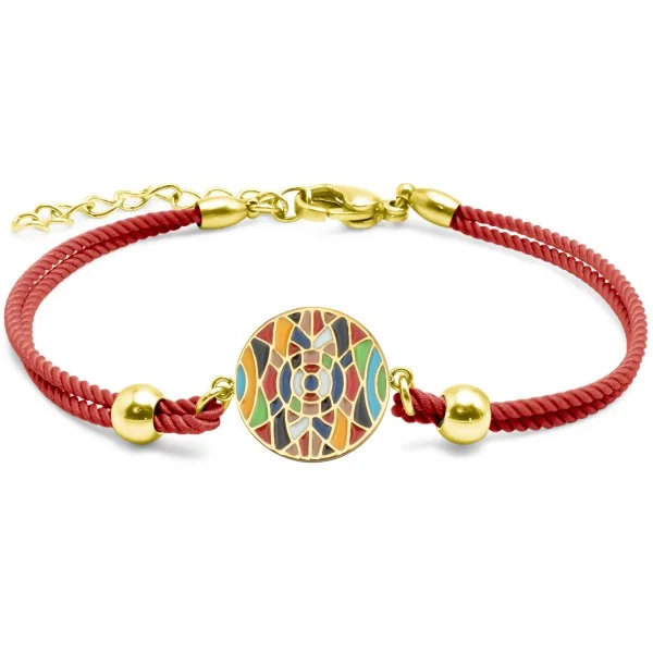 Bracelet acier PVD doré - coton rouge - email - 15+5cm