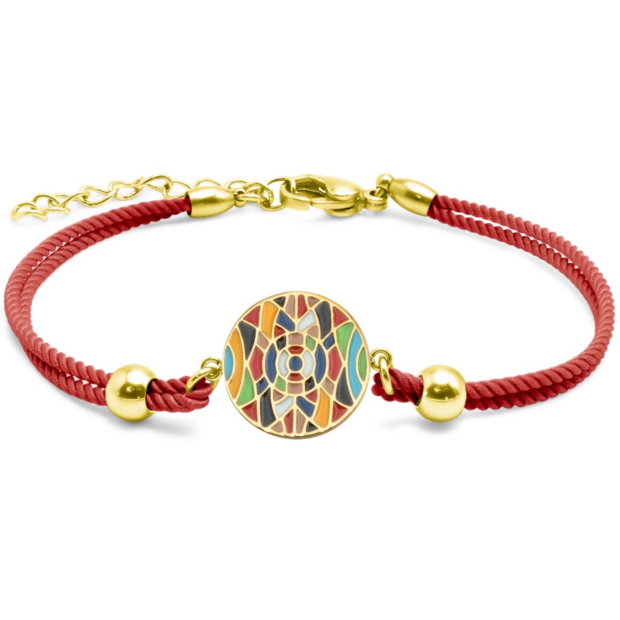 Bracelet acier PVD doré - coton rouge - email - 15+5cm